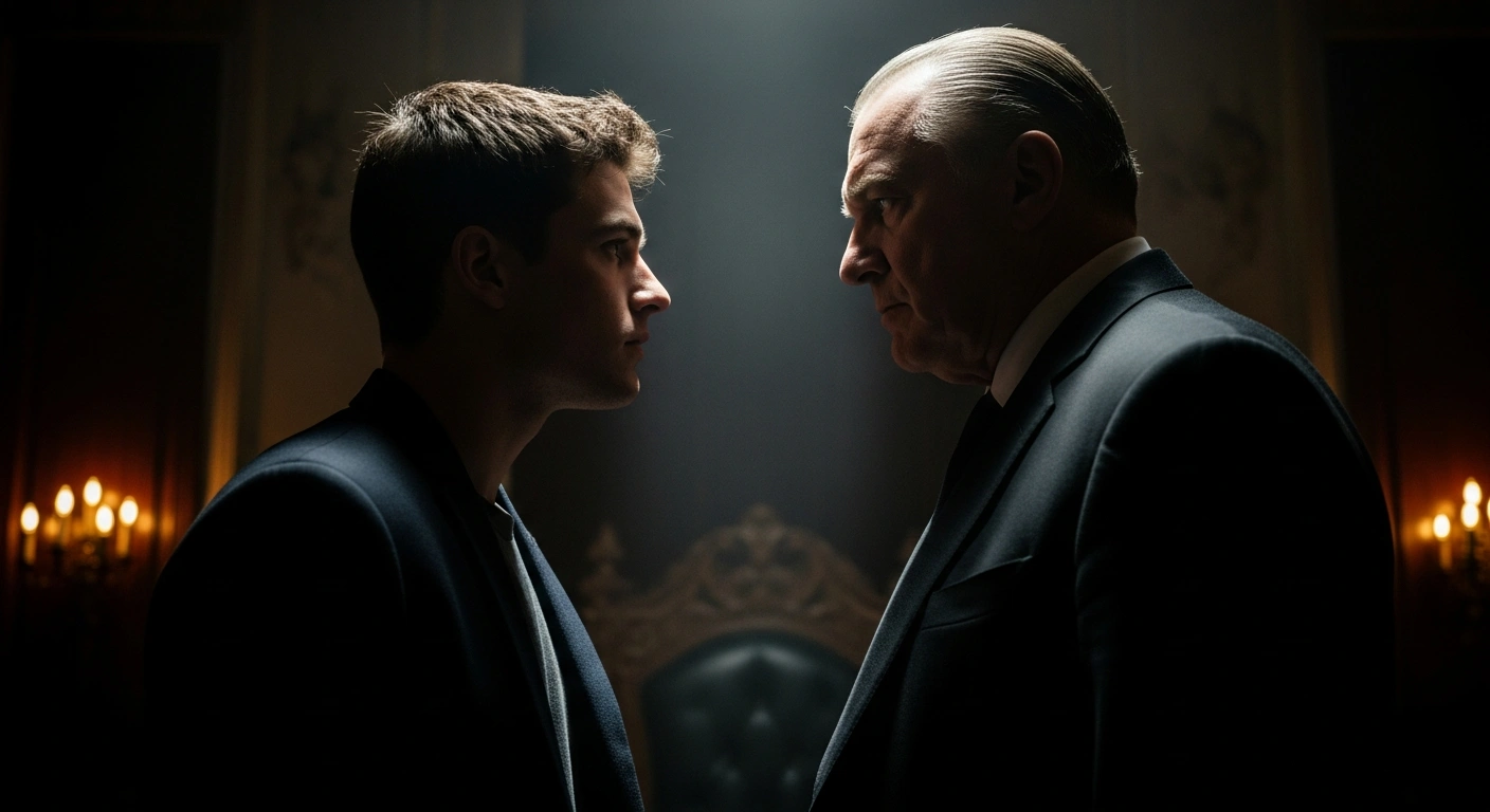 An older, stern political leader, Rabiu Musa Kwankwaso, confronts a younger, conflicted Kano State Governor, Abba Kabir Yusuf, in a dimly lit, opulent chamber, urging him to resign if he defects from the New Nigeria Peoples Party (NNPP) to the All Progressives Congress (APC).