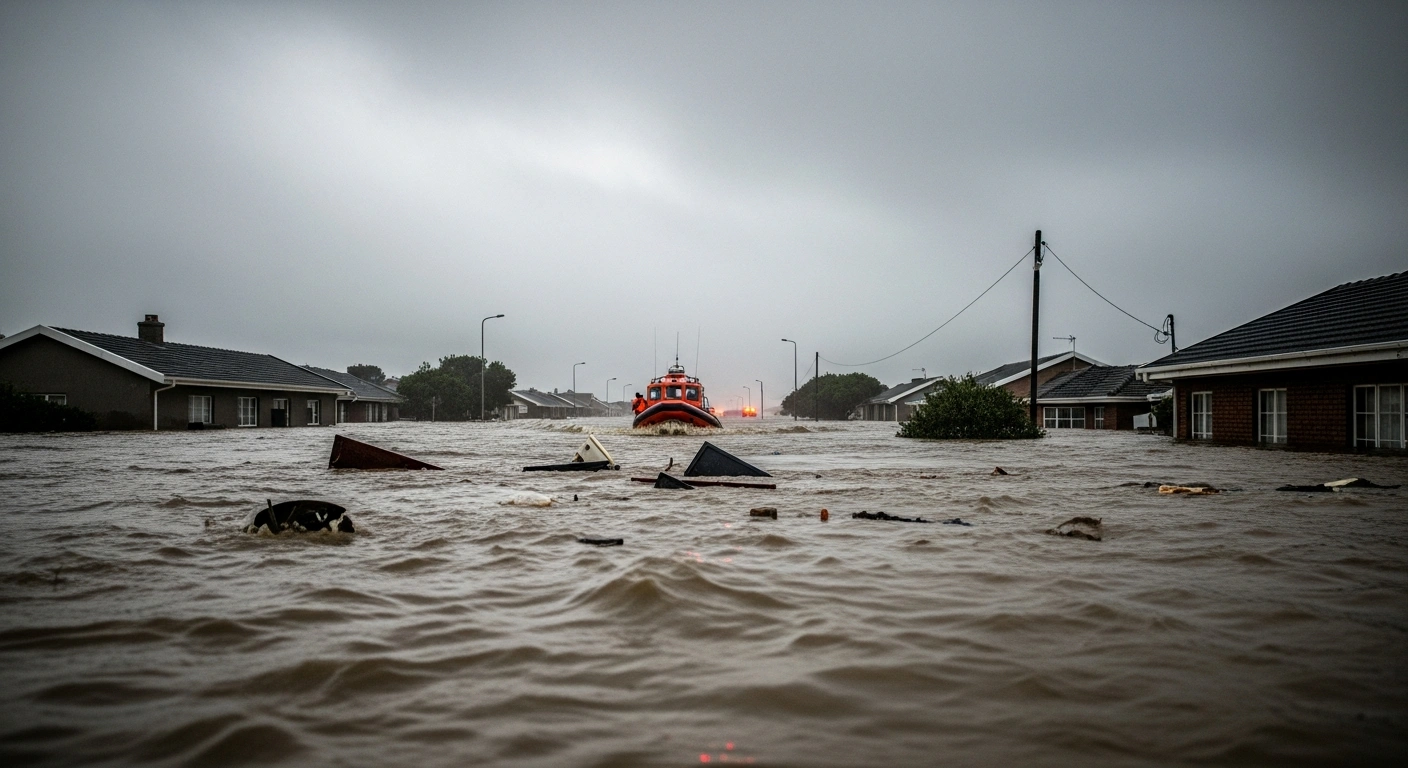 A wide, low-angle shot captures severe flooding in a coastal town in KwaZulu-Natal, South Africa, showing a partially submerged rescue boat navigating muddy waters past damaged homes, reflecting the widespread infrastructure damage and tragic fatalities caused by heavy rainfall.