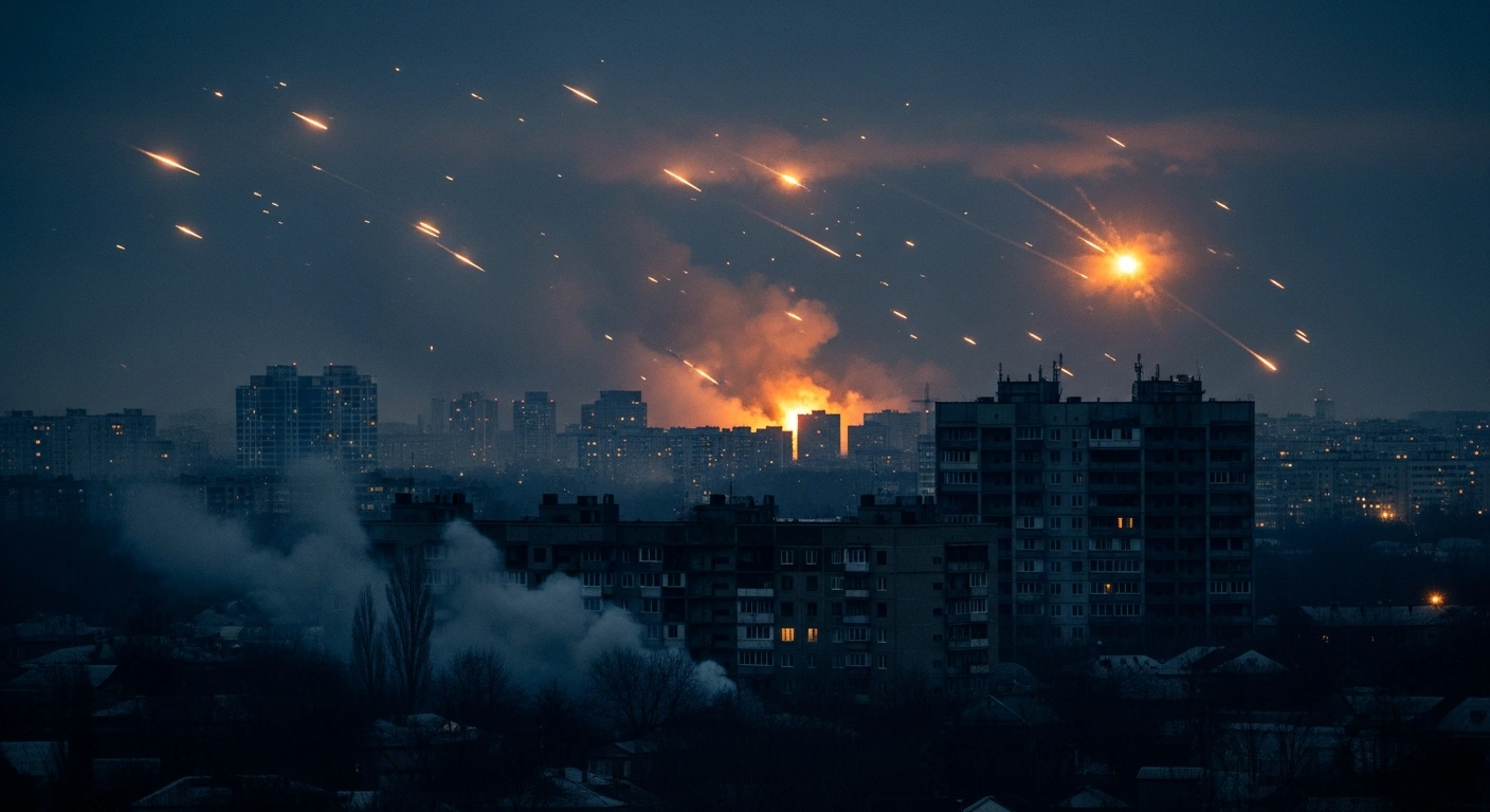 A night view of the Kyiv skyline showing smoke rising from damaged residential buildings during a Russian aerial missile and drone attack.
