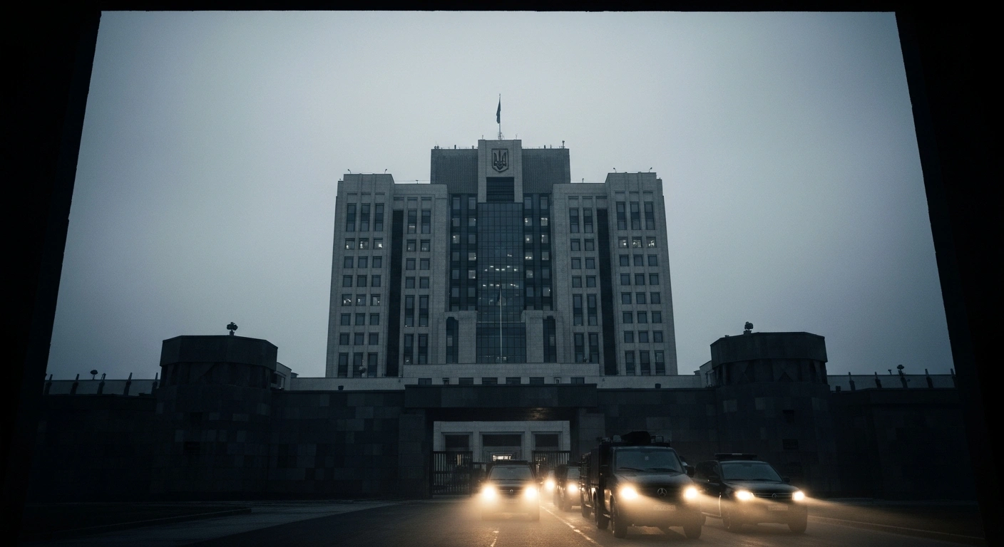 A line of vehicles waits outside a diplomatic building in Kyiv as foreign staff prepare for evacuation amid rising tensions.