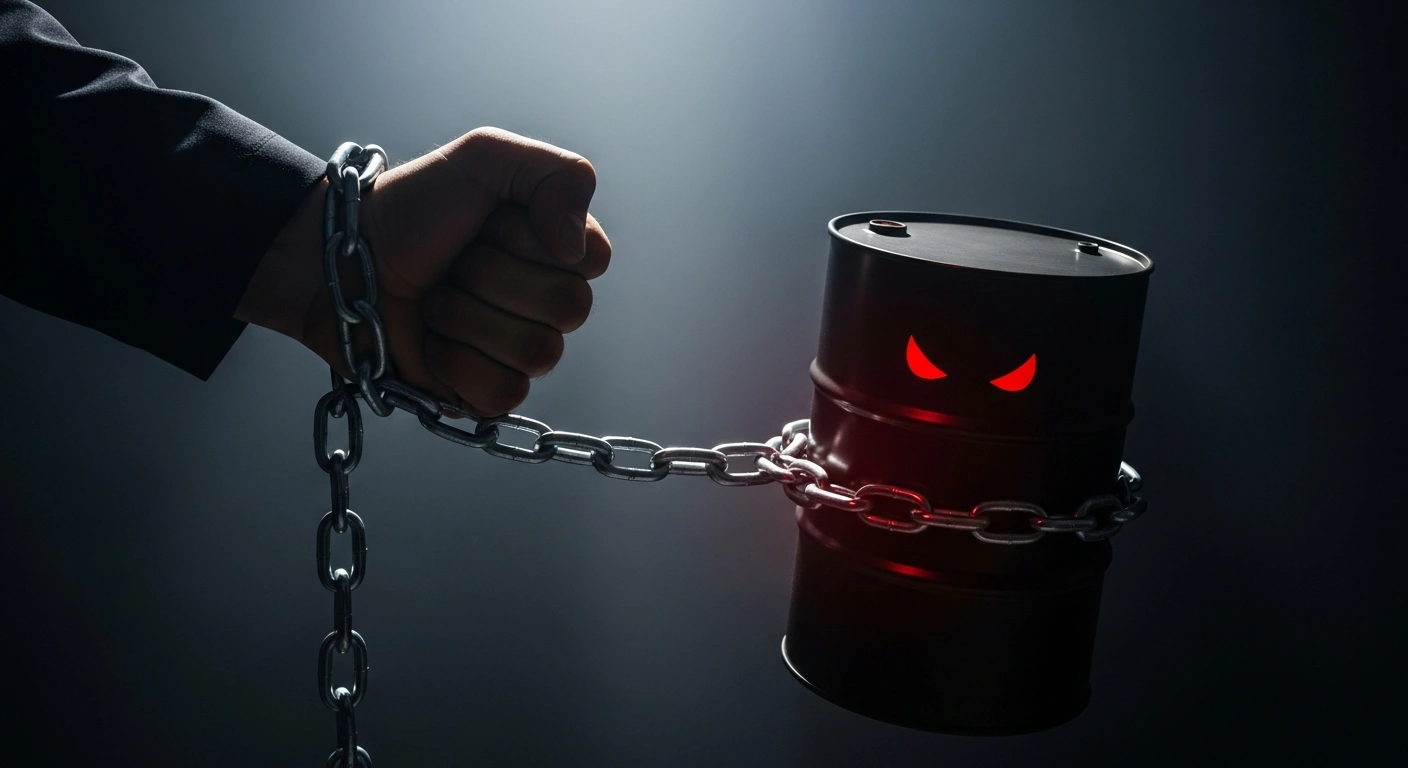 A powerful, silhouetted hand, symbolizing Kyiv and its European partners, tightens a heavy chain around a stylized, dark oil barrel, representing Russian energy resources, as new sanctions are developed against Russia.