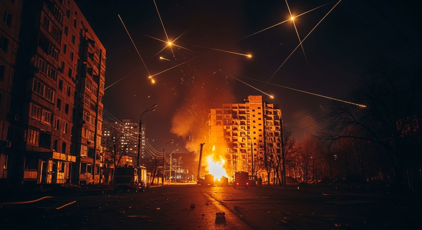 Emergency responders work near a damaged residential building in Kyiv following an overnight missile and drone attack.