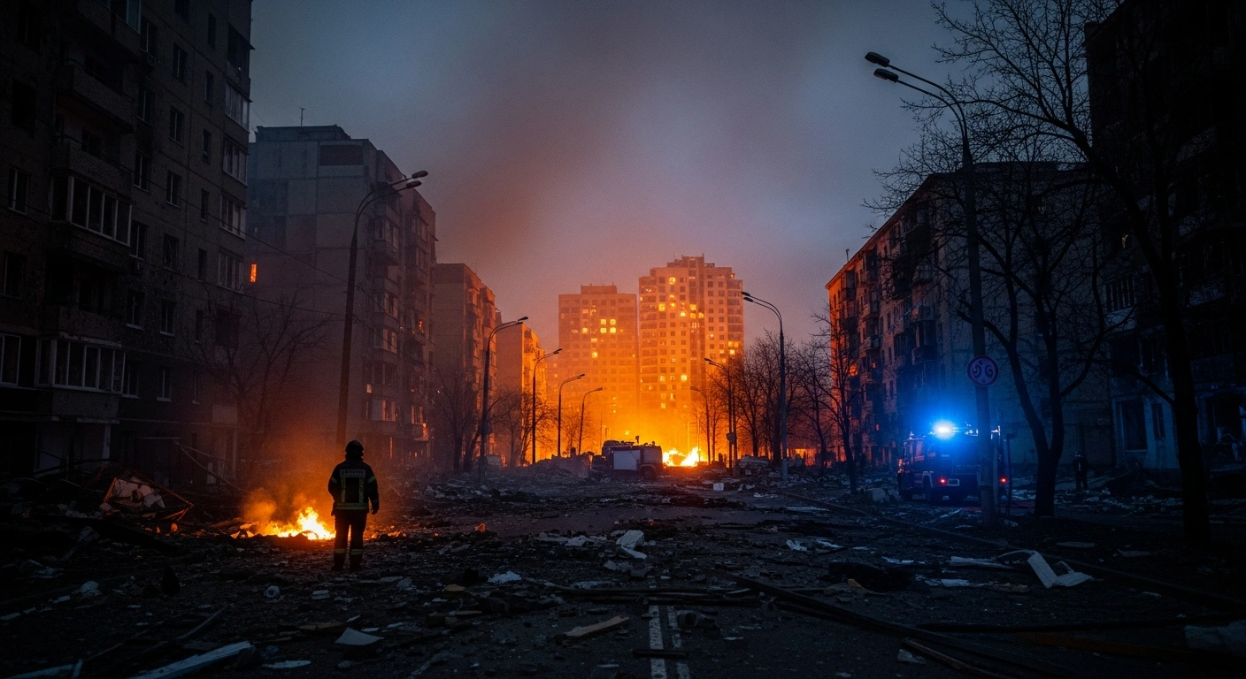 Emergency responders work at the scene of a residential building in Kyiv damaged by falling debris following a Russian missile attack.