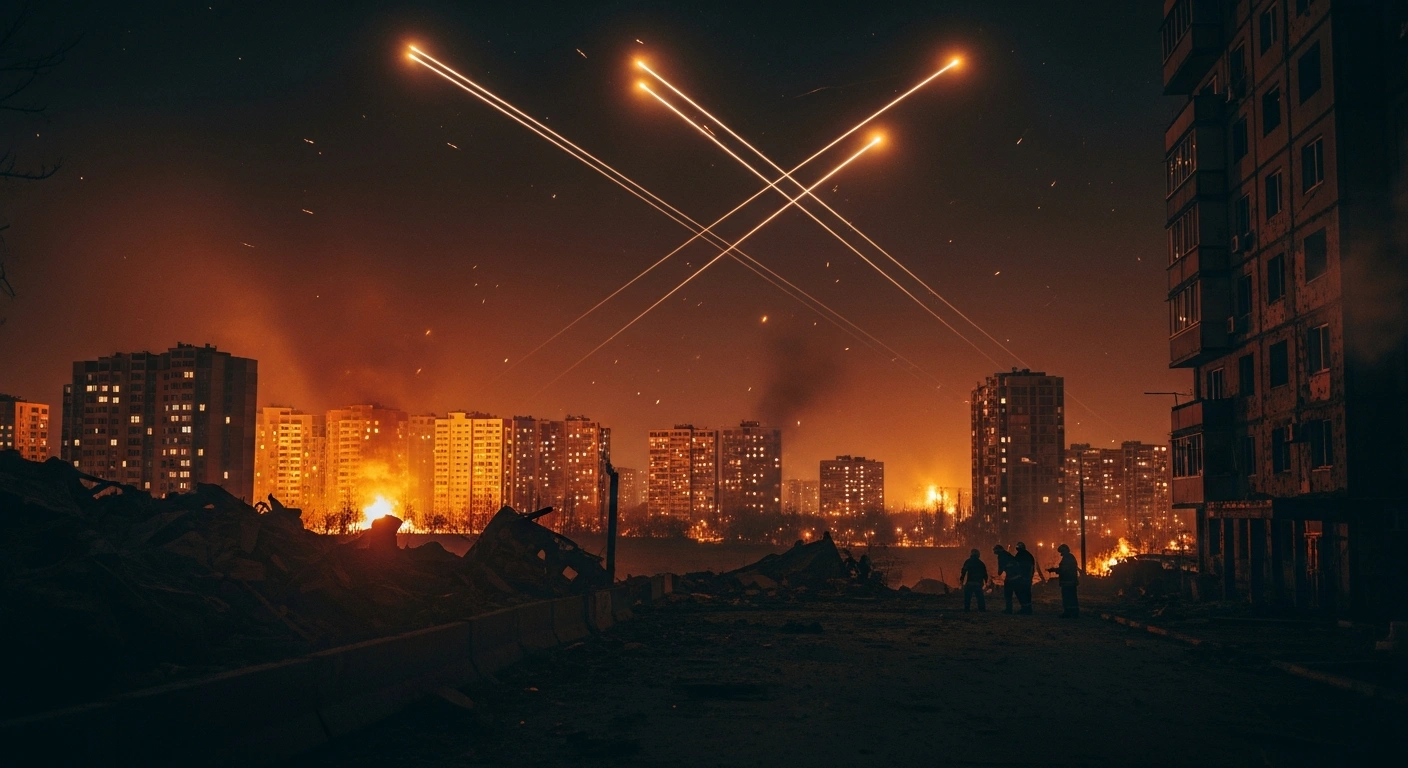 Emergency responders work near a damaged residential building in Kyiv following an overnight missile and drone attack.
