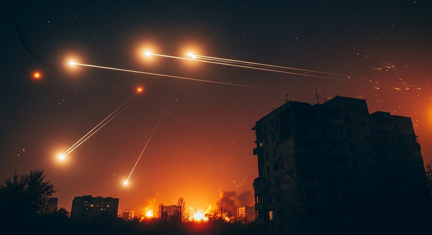 A wide, low-angle view of Kyiv at night shows streaks of Ukrainian air defense missiles in the sky, distant explosions, and a partially collapsed residential building in the foreground, depicting a massive overnight missile and drone attack.