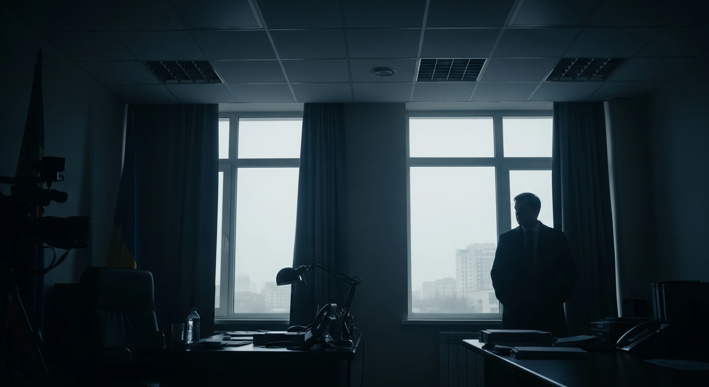 A somber figure representing a diplomat stands in a dimly lit office in Kyiv to discuss peace talks during the conflict.