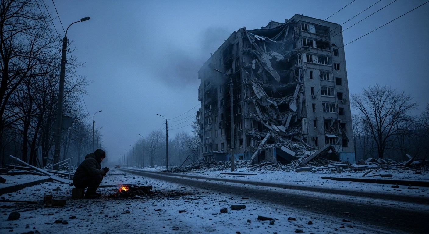 An image depicts the aftermath of a Russian ballistic missile and drone attack on Kyiv on December 20, 2024, showing a partially collapsed building, debris on a snow-dusted street, and a lone figure huddling by a fire, symbolizing the widespread heating outages, fatalities, and injuries.