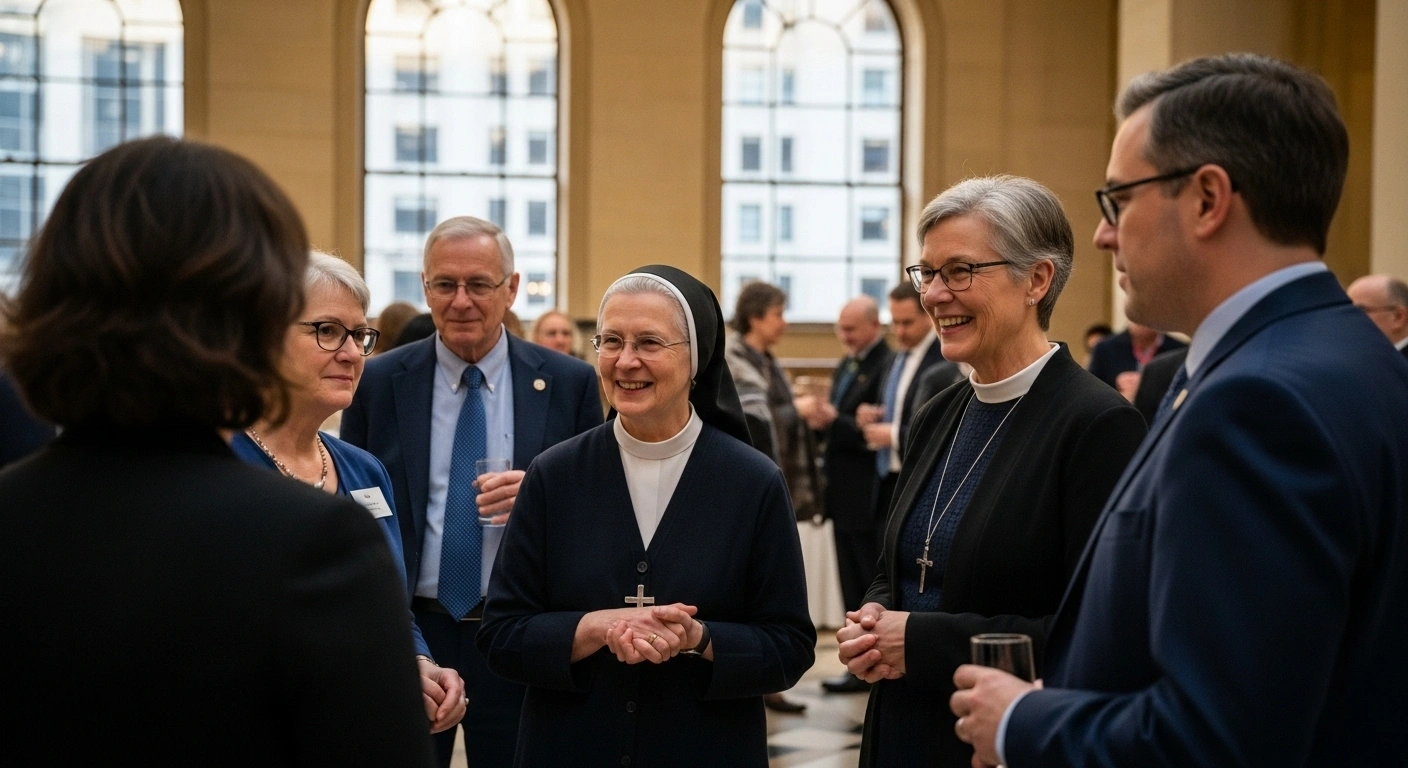 Abbess Mother Karol O'Connell and Executive Director Liz McConnell from Kylemore Abbey express gratitude to U.S. benefactors at a reception in New York City, celebrating the successful completion of the new Benedictine Monastery.