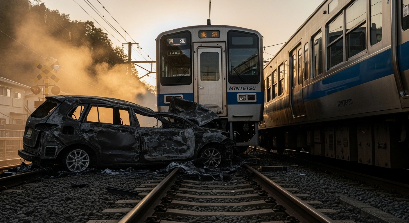 A dramatic low-angle view shows the charred wreckage of a car entangled with the front of a Kintetsu Kyoto Line express train at a railway crossing in Seika, Kyoto Prefecture, with smoke still rising into the morning sky after a collision and fire.