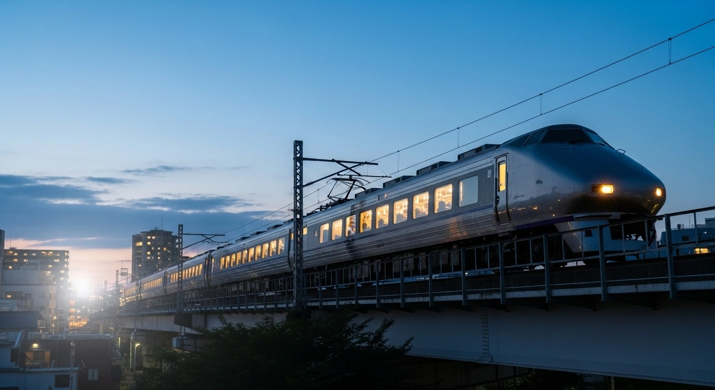 A decommissioned Thunderbird express train, now the 'Future Train Kyoto Diner & Cafe,' is illuminated at twilight on an abandoned elevated railway in Kyoto's Umekoji district, celebrating its grand opening as an innovative dining and art experience.
