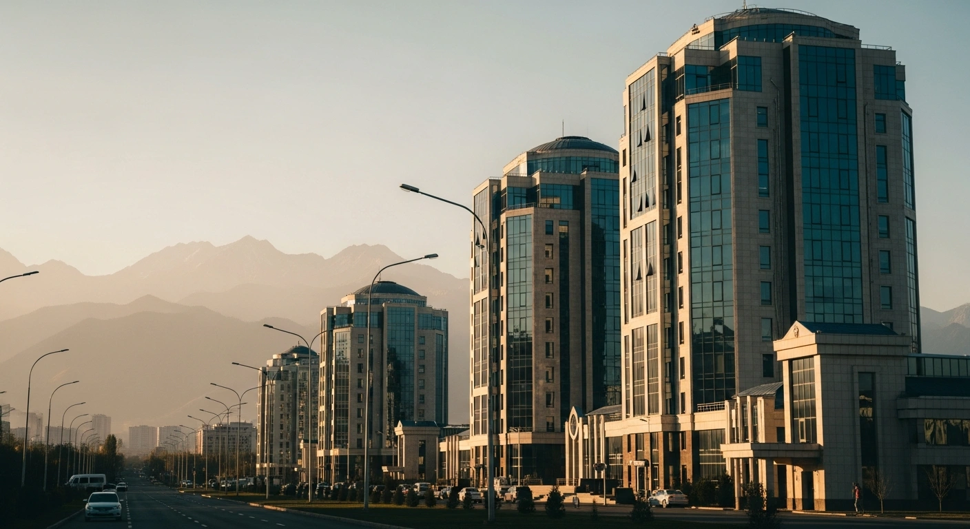 A modern cityscape in Kyrgyzstan represents the International Monetary Fund's forecast for moderate economic growth and monetary stability by 2027.