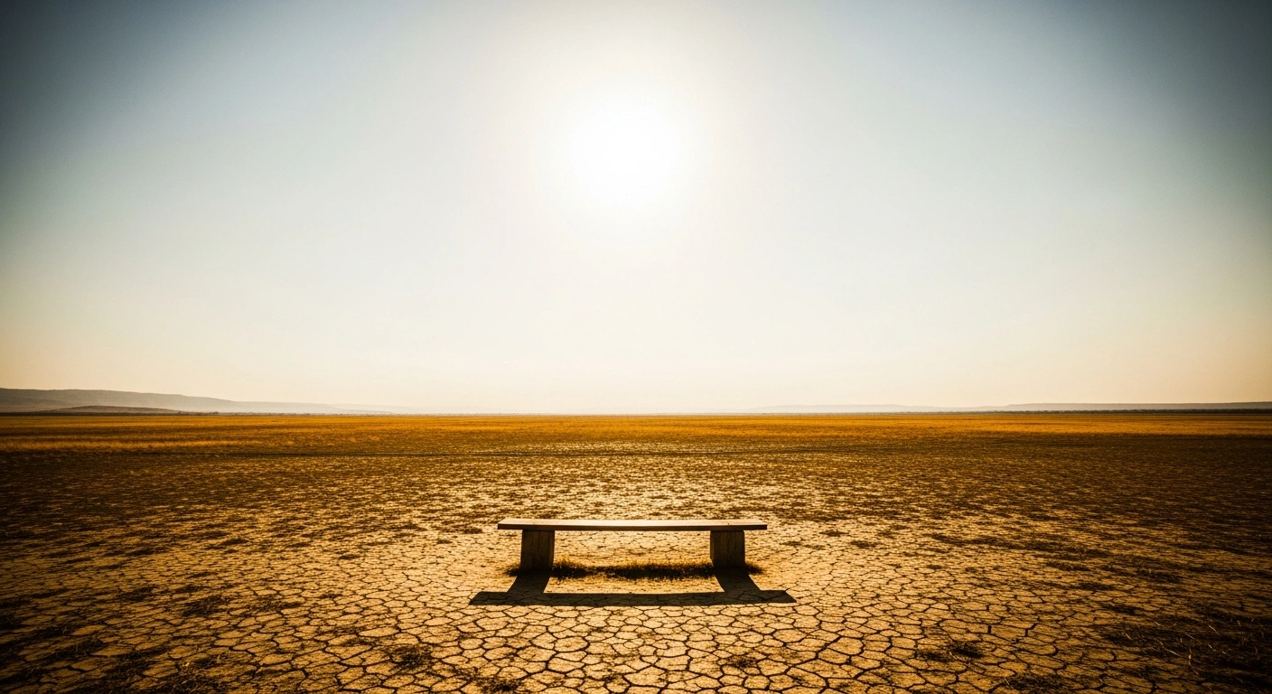 A desolate, sun-scorched landscape in Kyrgyzstan under a heatwave with temperatures reaching 40 degrees Celsius.