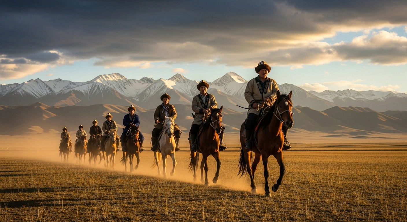 A group of horsemen in traditional Kyrgyz attire ride across a vast steppe to promote the upcoming 6th World Nomad Games in Kyrgyzstan.