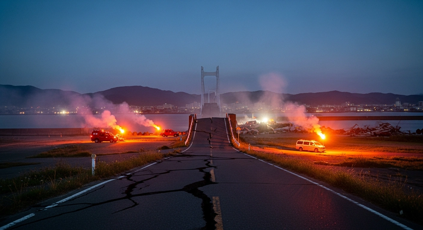 Emergency responders assess structural damage to roads and bridges in Japan's Kyushu region following a powerful earthquake that caused widespread power outages.