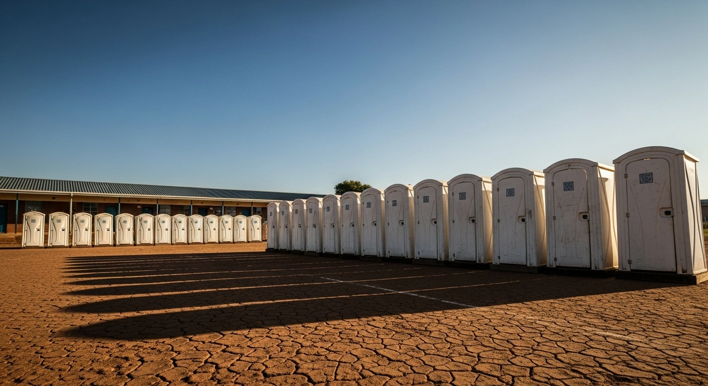 A wide, low-angle shot shows dozens of stark white chemical toilets lined up in a desolate KwaZulu-Natal schoolyard, representing the R2.5 million irregularly awarded contract for 72 toilets for 11 schools, which prompted disciplinary action against KZN Education staff and profit repayment by Hawulethu (Pty) Ltd following an SIU investigation.