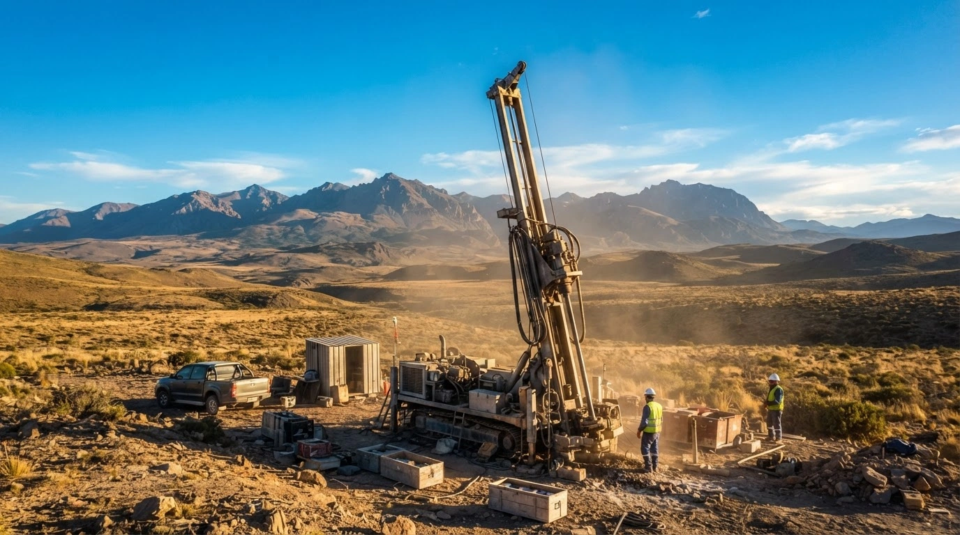 A diamond drilling rig operates at the La Flora gold project site in Santa Cruz Province, Argentina, during a phase two exploration campaign.