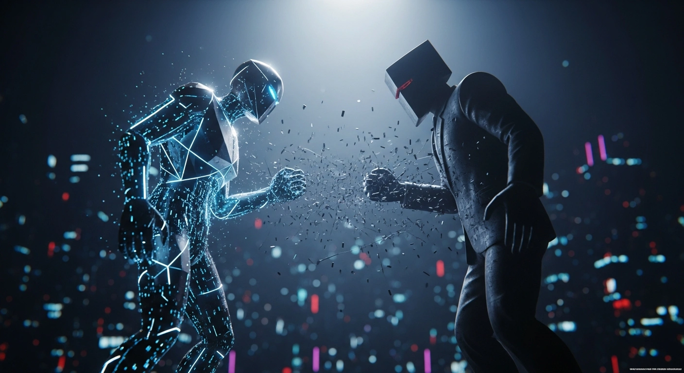 A dramatic digital illustration depicts two abstract, colossal entities, symbolizing La Liga and Cloudflare, clashing in a neon-lit digital cityscape, representing their legal dispute over illegal football broadcasts and the open internet.