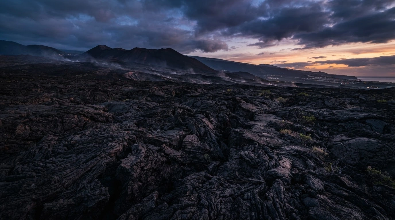 The solidified black lava fields of the Cumbre Vieja volcano in La Palma show the lasting impact of the 2021 eruption on the Canary Islands landscape.