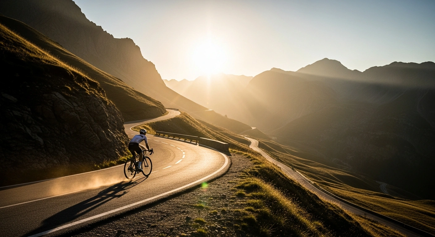 A lone cyclist, silhouetted against a setting sun, struggles up a steep, winding mountain road in the Pyrenees during a challenging stage of La Vuelta a España in Andorra.