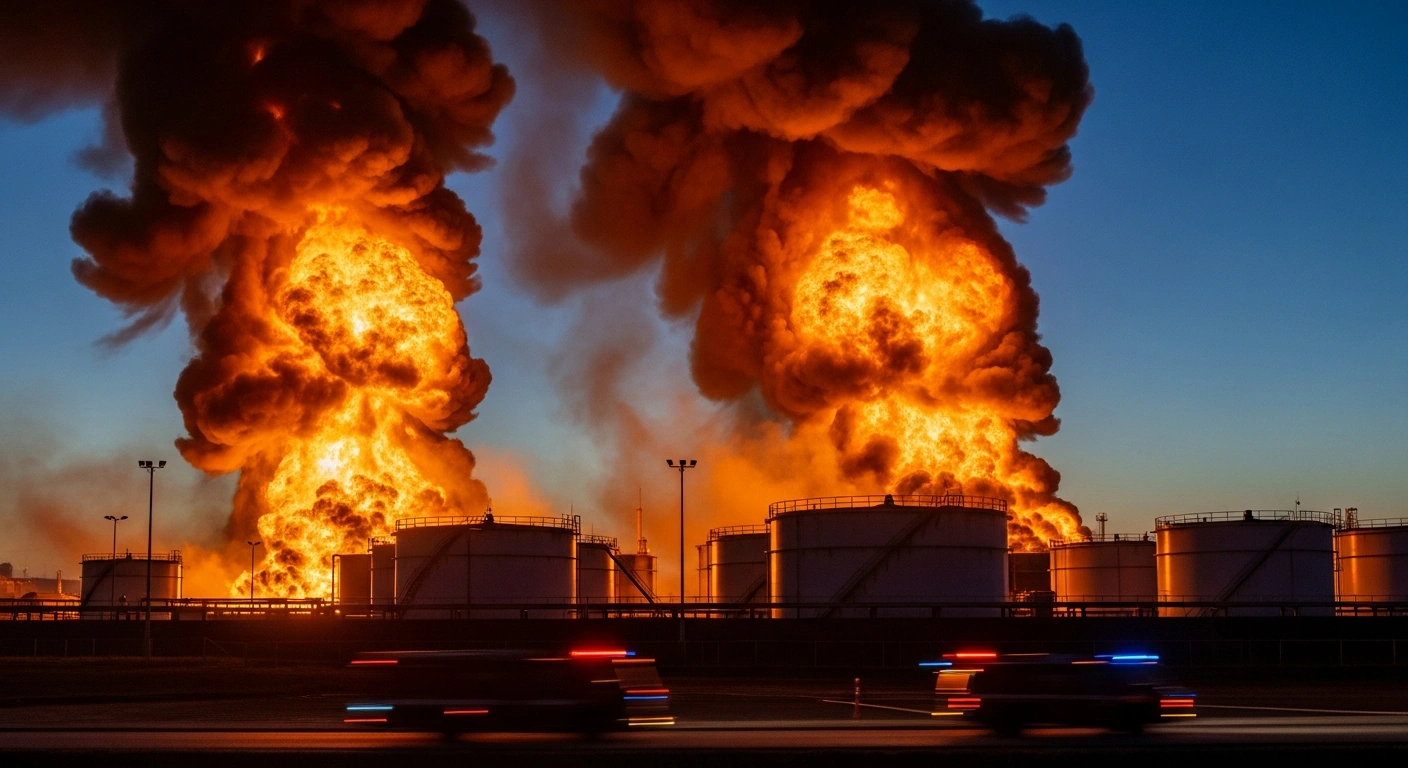 A massive fire burns at an oil depot in the Labinsk industrial zone following a drone strike, with emergency vehicles responding to the scene.