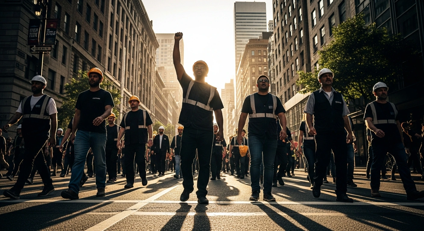 A diverse group of workers and activists march through a city street to advocate for labor rights and economic reform.