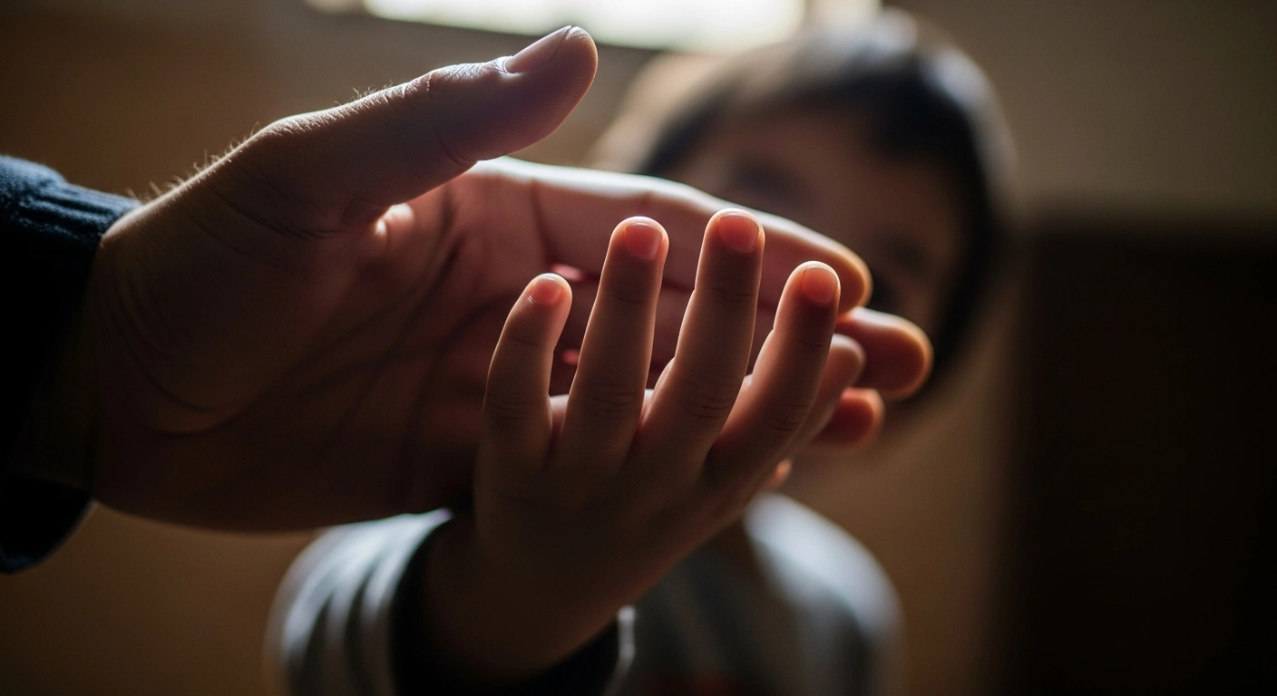 A close-up image features a small child's open hand being gently covered by a larger adult hand, representing the impact of the two-child benefit cap on child poverty and the potential relief from its removal by the Labour government.