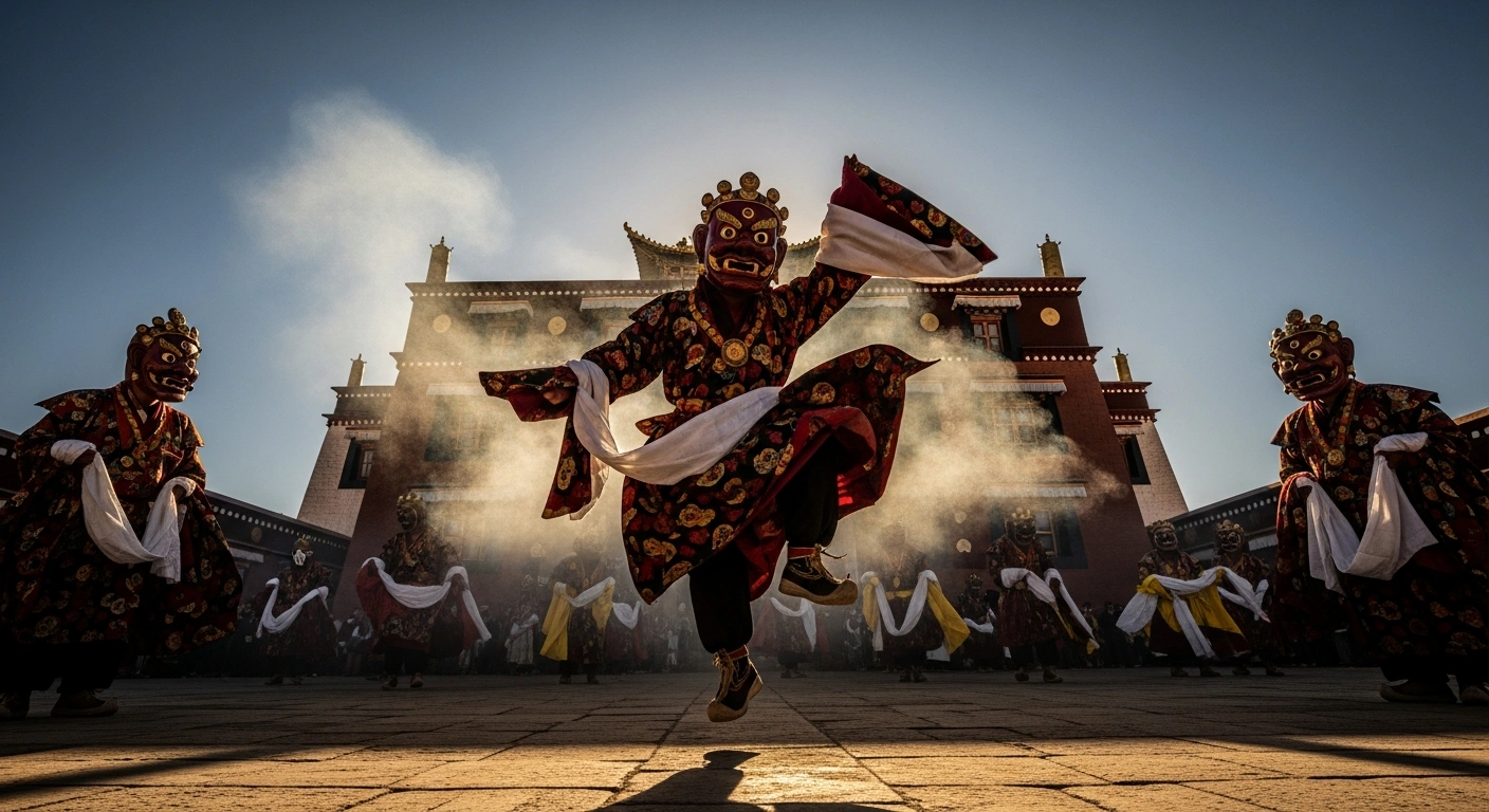 Masked lamas in elaborate ceremonial robes perform a traditional exorcism dance at Labrang Monastery in Xiahe County, Gansu Province, China, as part of the Monlam Prayer Festival, praying for good fortune and dispelling negative influences for the new year.