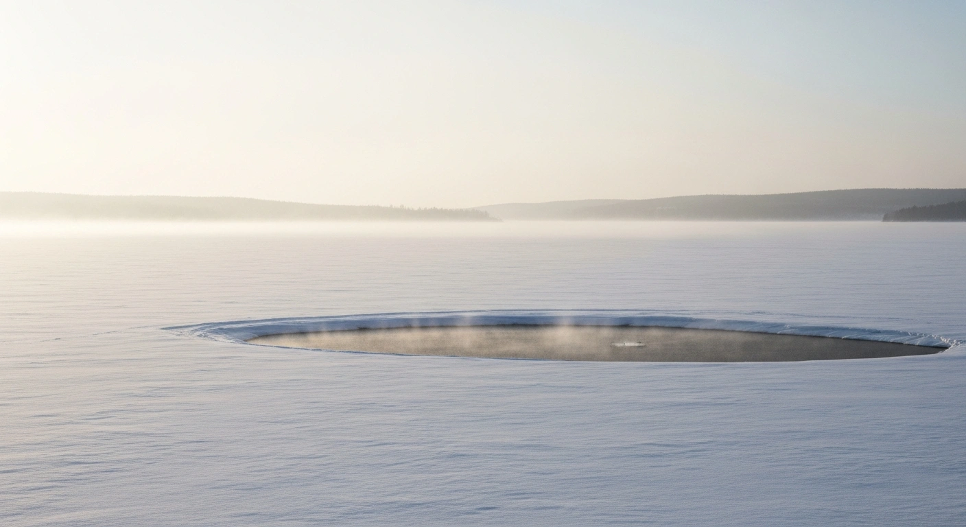 A desolate, snow-covered Lac Ernest at dawn, with a dark patch of open water hinting at the recovery site where the bodies of a man and child were found after their tractor sank while clearing snow in Saint-Zénon, Quebec.