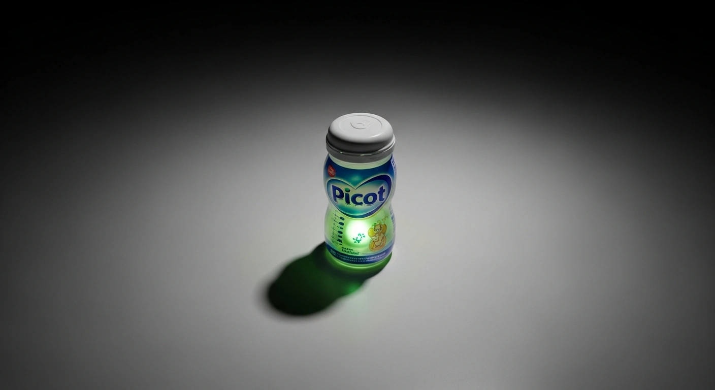 A single Picot-brand infant formula bottle, glowing with a sickly green light on a sterile white surface, represents the Lactalis recall across 18 countries due to cereulide contamination.