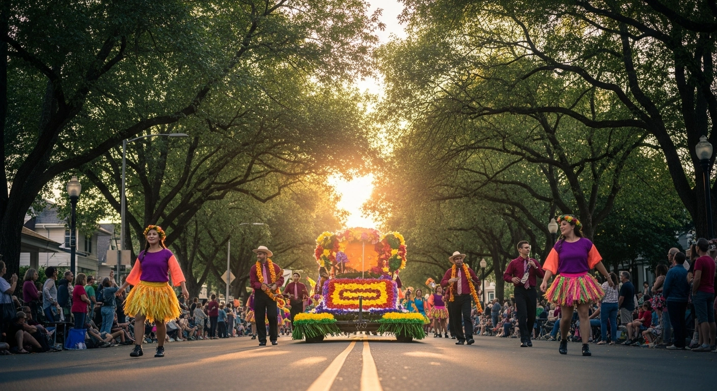 A colorful parade float travels down a sunny street in Ladner, British Columbia, during the annual May Days community celebration.