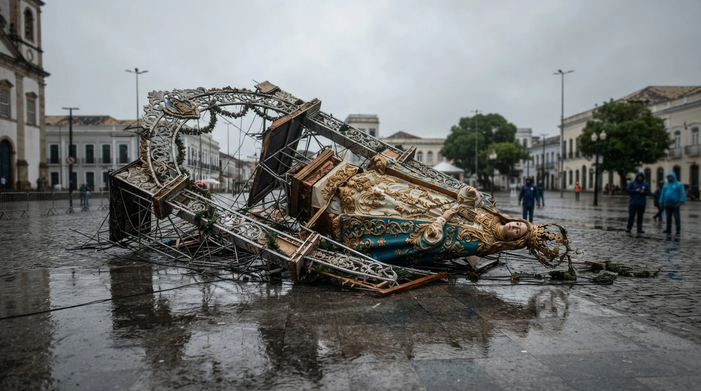 A large decorative structure of Our Lady of Nazaré lies collapsed on the ground in Belém, Brazil, following heavy rainfall.
