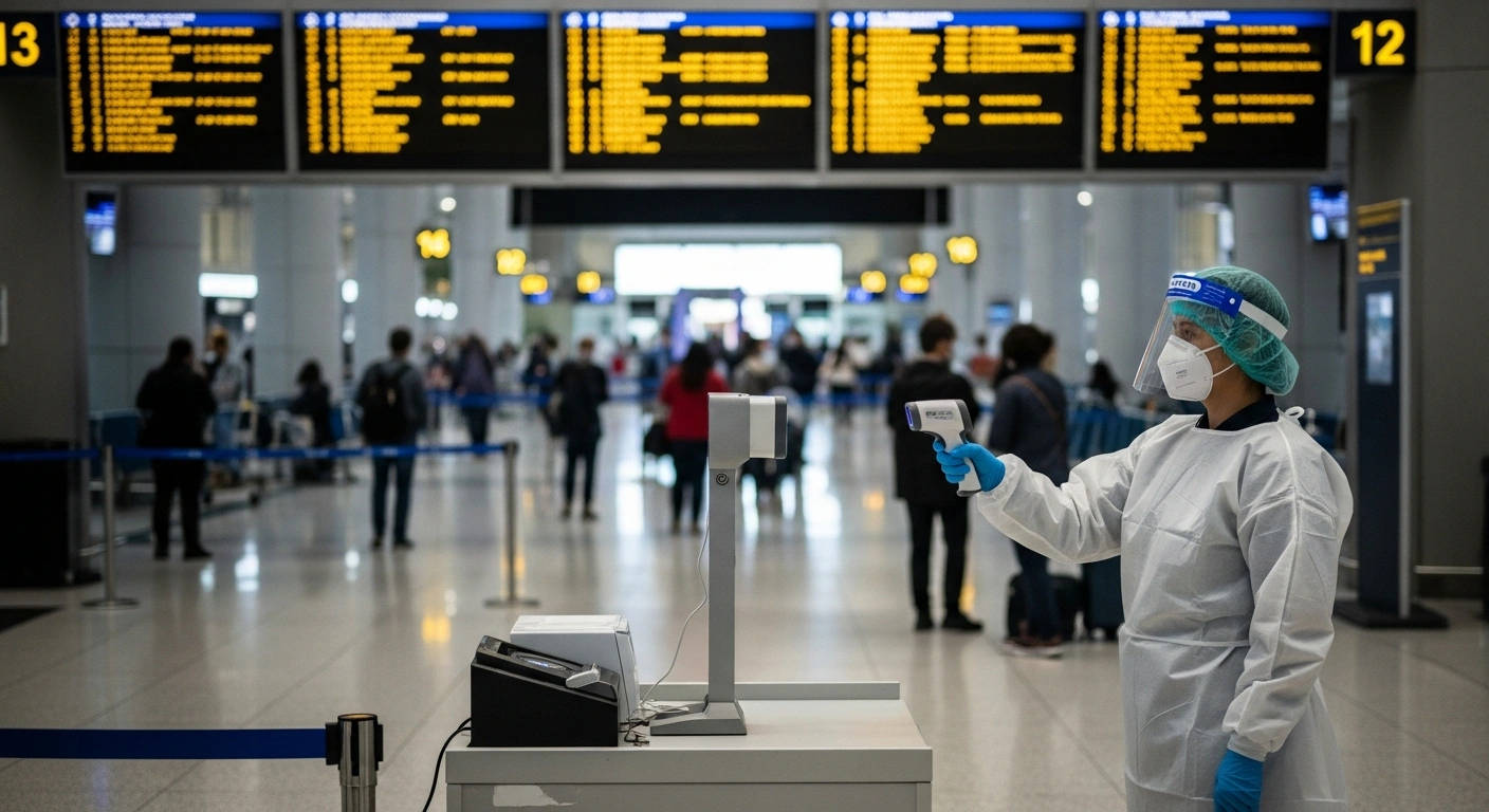 A health official uses a thermal scanner to screen passengers at Murtala Muhammed International Airport in Lagos to prevent the spread of Ebola.