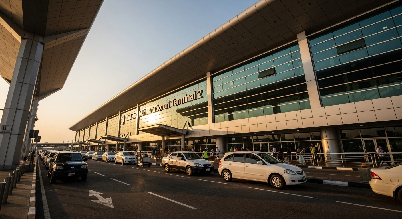 The exterior of the Murtala Muhammed International Airport Terminal 2 in Lagos, Nigeria, shows normal flight operations resuming after a fire.