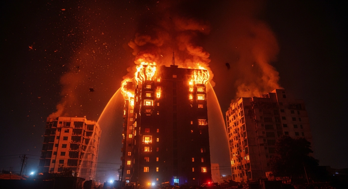 A towering 22-storey building on Lagos Island is engulfed in a devastating fire, with intense orange and red flames erupting from its upper floors and thick smoke billowing into the night sky, depicting the Christmas Eve blaze at the Great Nigeria Insurance House that raged for over 10 hours, affected adjacent structures, and resulted in a demolition order.