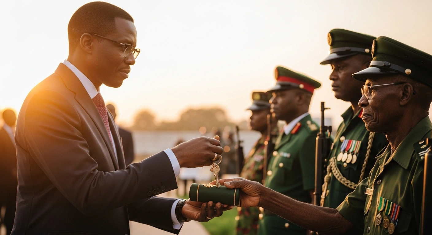Lagos State Governor Babajide Sanwo-Olu is shown in a warm, low-angle shot, extending a symbolic scroll or set of keys to a Nigerian Legion veteran, representing significant donations of N100 million, apartments, vehicles, and food items to support military families ahead of Armed Forces Remembrance Day.