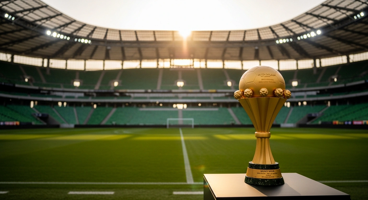 A golden football trophy sits in a modern Lagos stadium as Nigeria prepares to host the 2026 Confederation of African Football Awards.