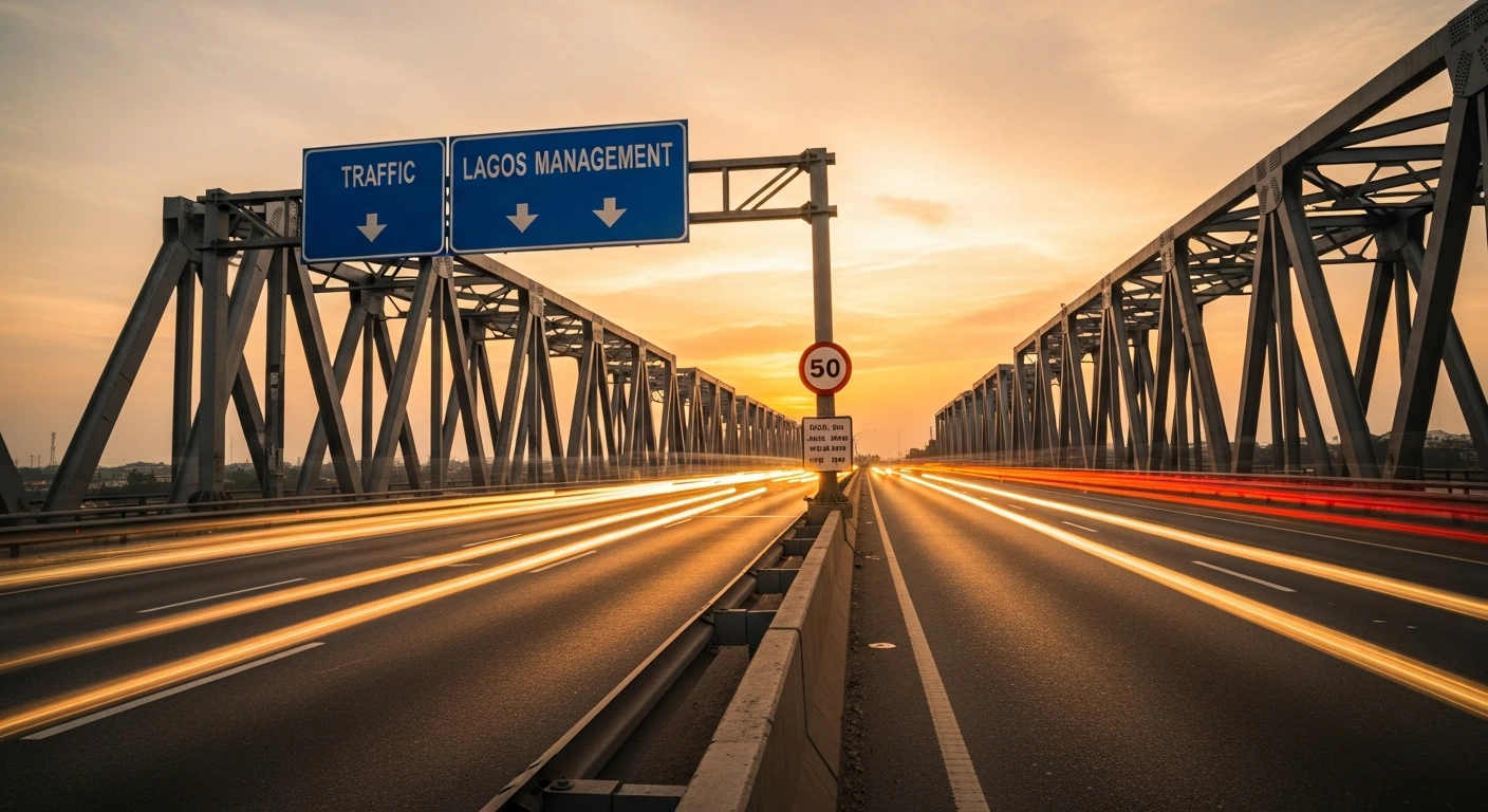 A wide-angle view of the Lagos-Ibadan Expressway during sunset, showing traffic flowing near the Kara Bridge as part of a traffic management plan for road rehabilitation.