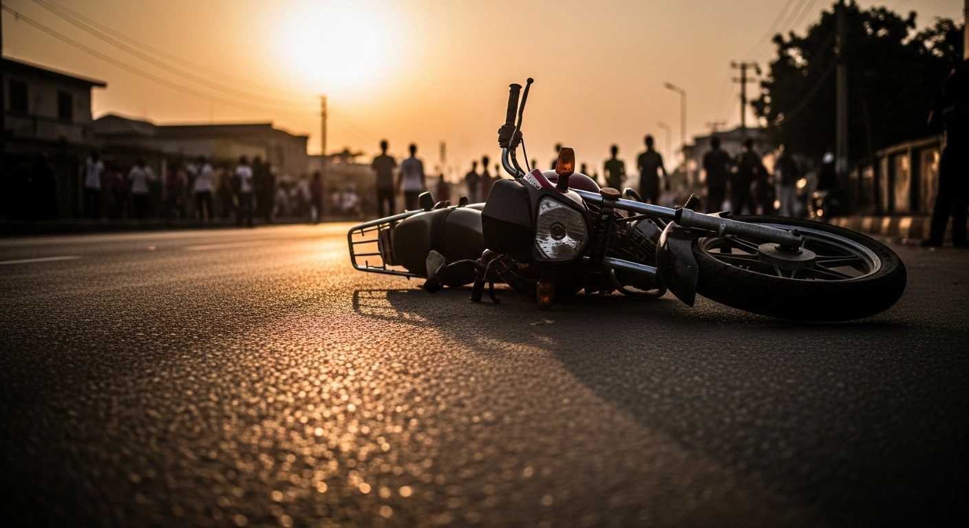 An abandoned motorcycle lies on a street in Lagos, Nigeria, following a fatal incident of mob violence fueled by misinformation.