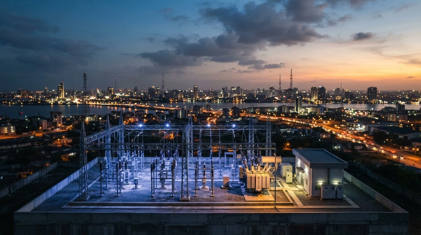 A modern electrical substation stands in the foreground against the illuminated Lagos skyline as the Nigerian Federal Ministry of Power and Lagos State Government collaborate to improve electricity infrastructure.