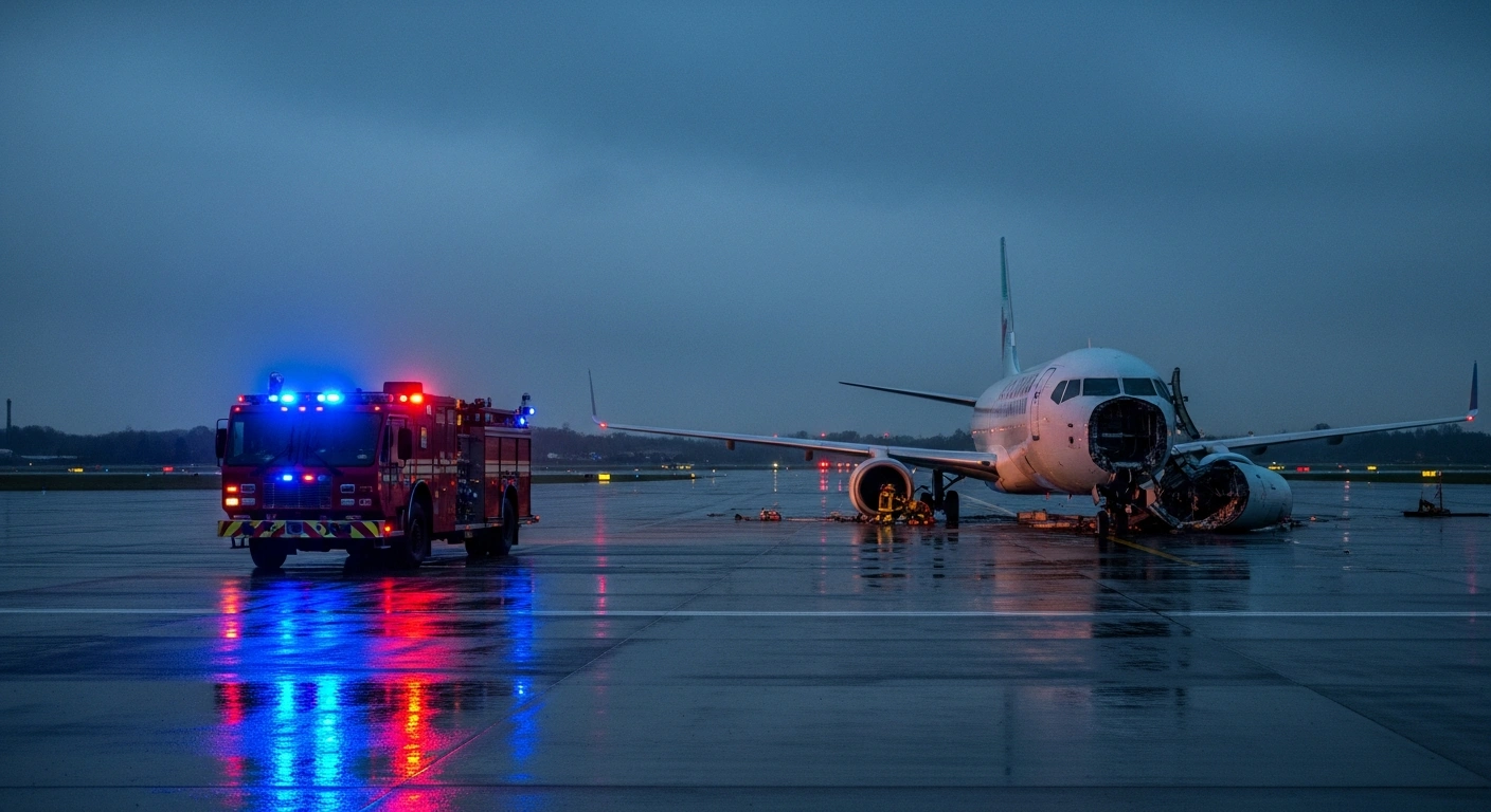 Emergency responders and investigators examine the scene of a fatal collision between an Air Canada Express jet and a Port Authority fire truck on a runway at LaGuardia Airport.
