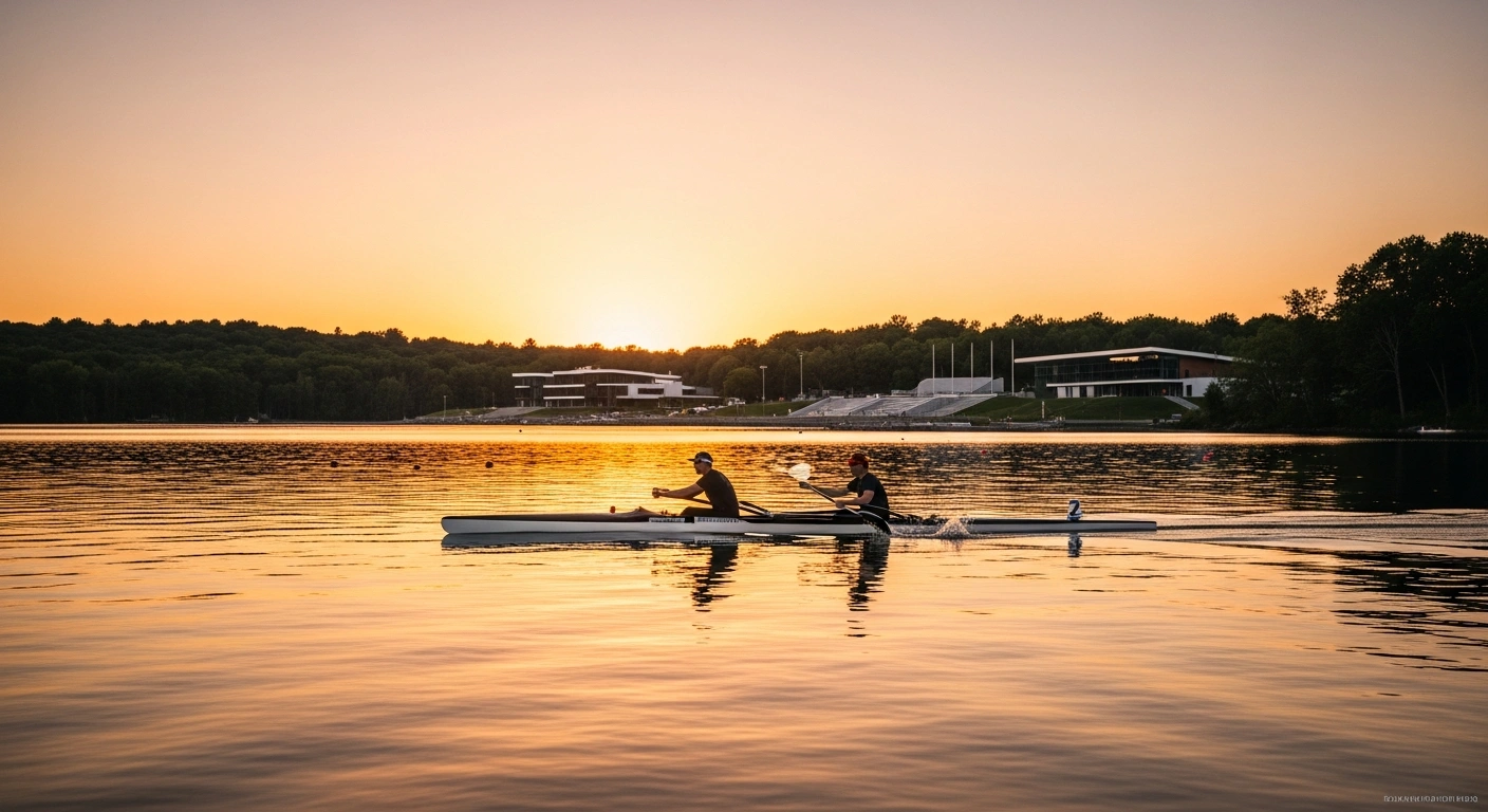 A professional racing canoe glides across the calm waters of Lake Banook in Dartmouth, Nova Scotia, as the area prepares for the 2026 Canoe Sprint World Championships.
