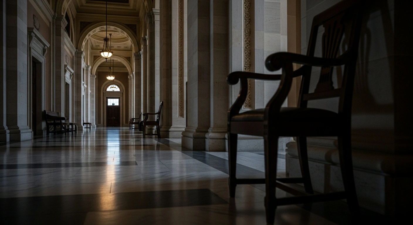 A somber, low-angle view of an empty ornate wooden chair in a dimly lit corridor of the U.S. Capitol building, symbolizing the passing of U.S. Representative Doug LaMalfa and the intensified legislative challenges for the Republican Party's slim majority in the House of Representatives.