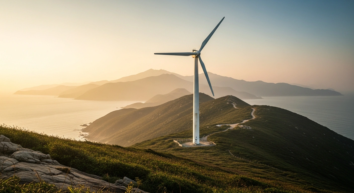 The Lamma Winds wind turbine stands on a grassy hill on Lamma Island during a sunset, marking the end of its operation as a renewable energy landmark in Hong Kong.