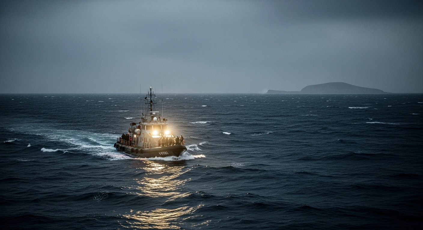 A rescue boat carries survivors across the Mediterranean Sea near Lampedusa after a migrant boat capsized.
