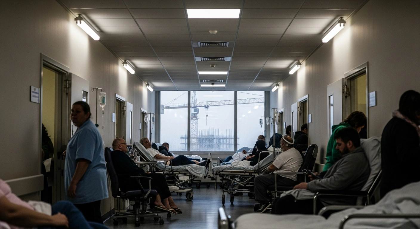 A wide, low-angle shot of a severely overcrowded hospital corridor at Landspítali National University Hospital, with patients overflowing from rooms and a stalled construction crane visible through a window, illustrating critical conditions and construction delays.