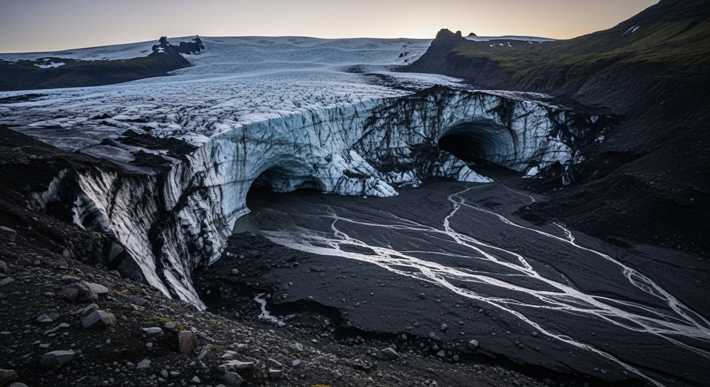 A dramatic wide-angle photograph taken at dusk depicts the receding front of Iceland's Langjökull glacier, showcasing a newly exposed, stark rock face where ice has melted, with visible meltwater streams carving paths into the barren earth, symbolizing the significant ice loss and retreat observed in recent monitoring studies.