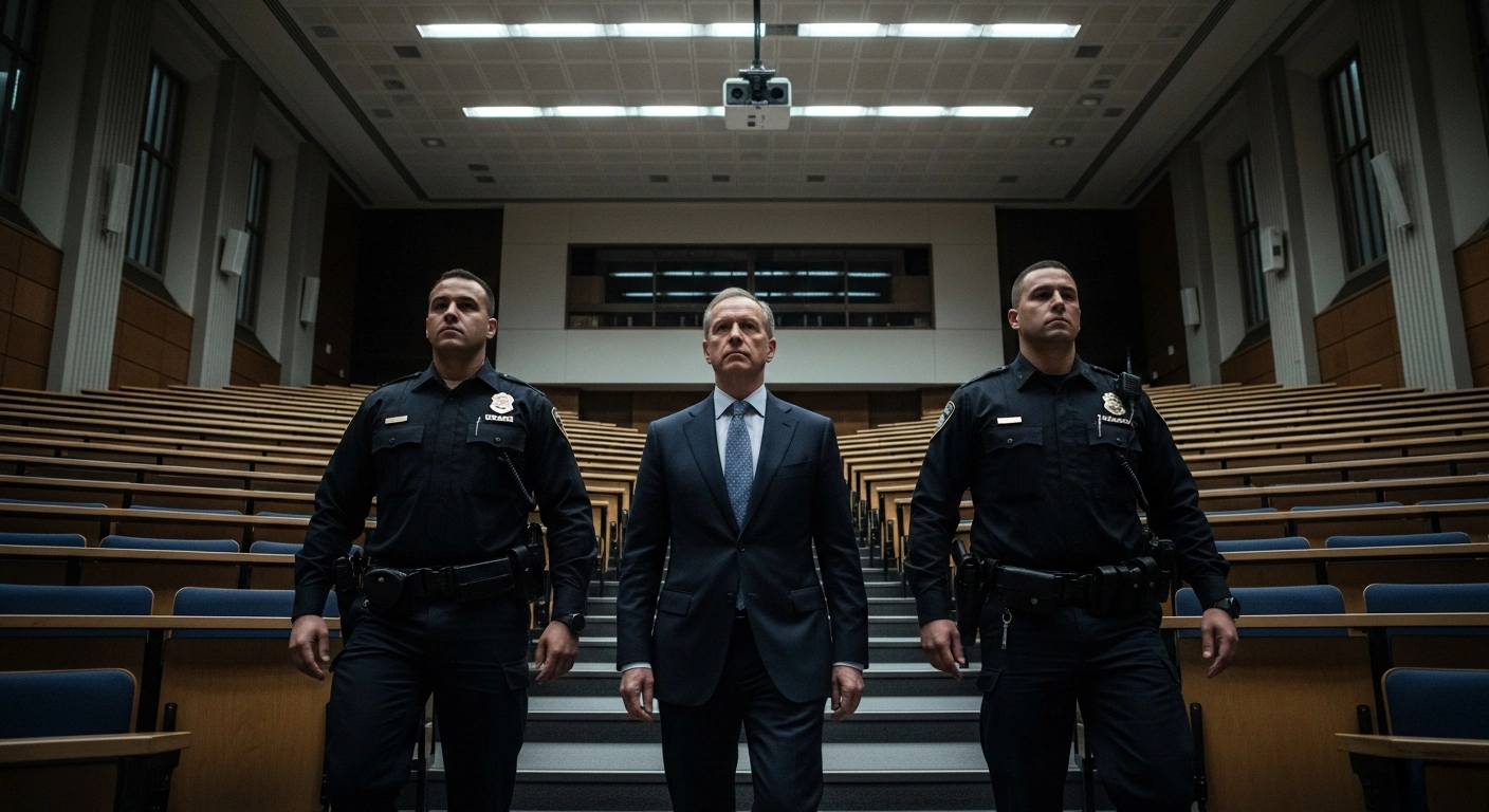 Andrei Lankov, a distinguished professor of Korean studies, is formally escorted by two stern-faced Latvian police officers in a grand lecture hall in Riga, depicting his detention and subsequent expulsion from the country as 'persona non grata'.
