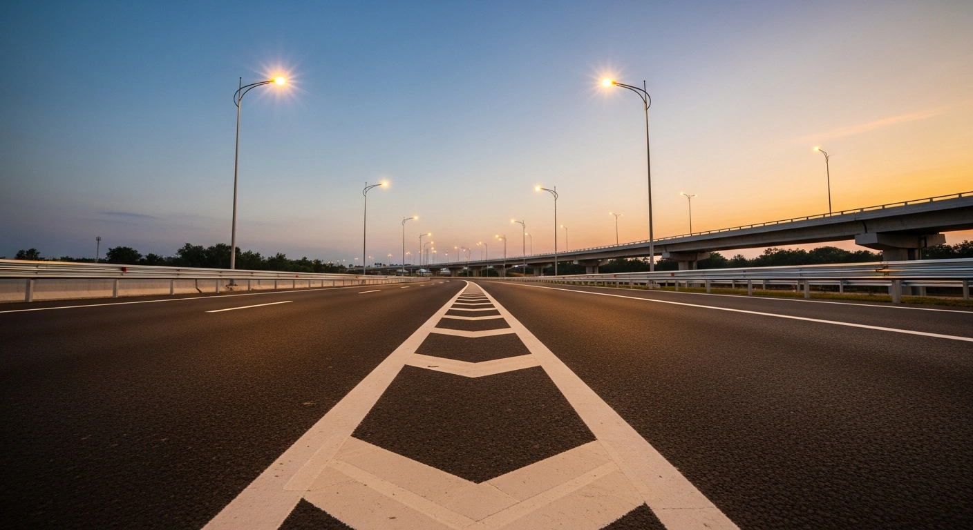A wide, low-angle shot at dusk shows a modern, multi-lane highway in Laos with clear markings and LED streetlights, symbolizing the Lao government's comprehensive road safety strategy, including infrastructure investment and technology, to reduce traffic accidents, fatalities, and injuries.