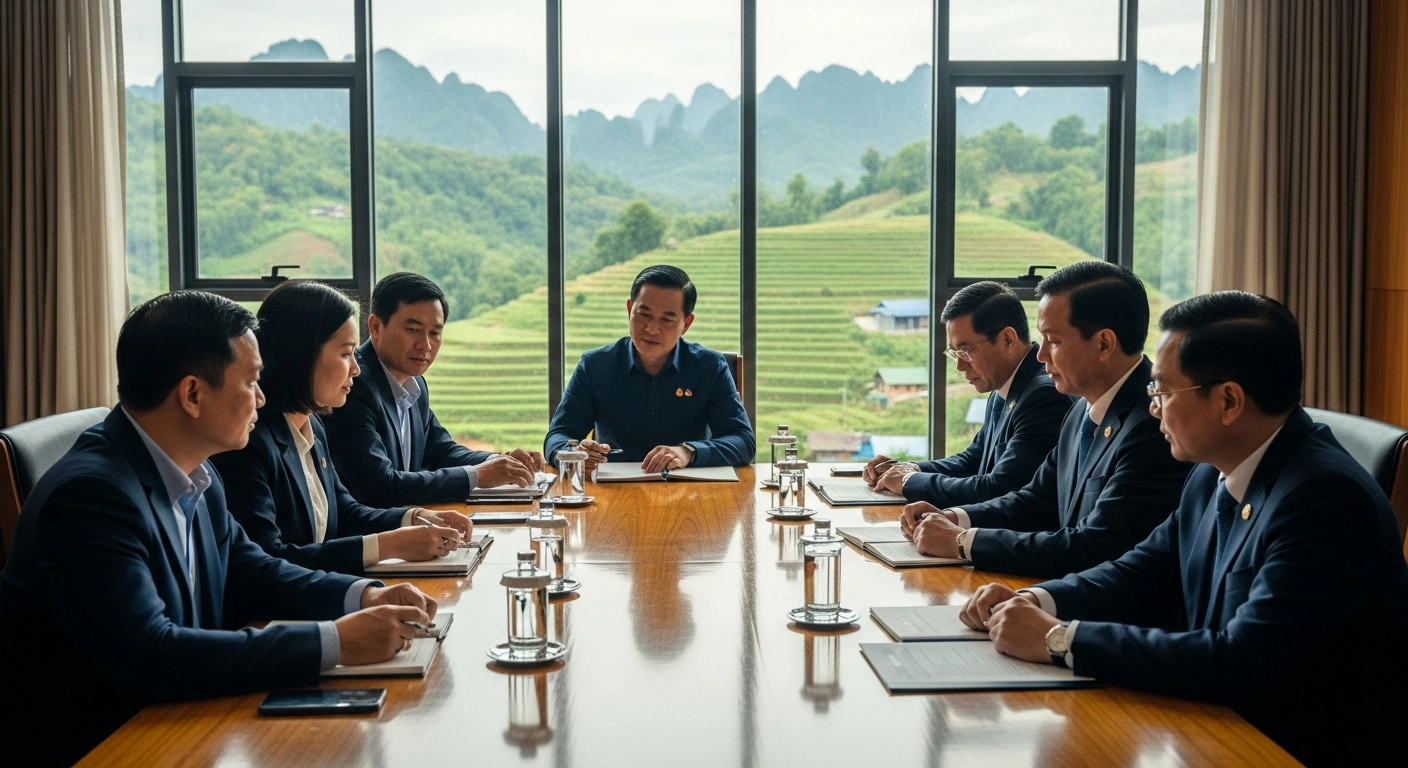 Lao authorities meet to discuss the National Agenda for Rural Development and Poverty Alleviation in a room overlooking a rural landscape.