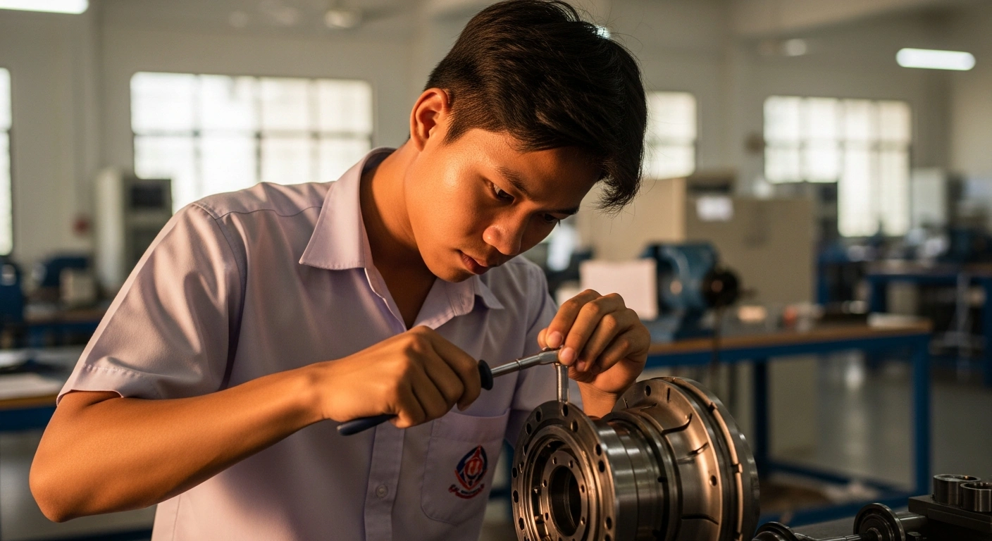 A young Lao student works on a technical project in a modern vocational training workshop to develop skills for the national labor market.